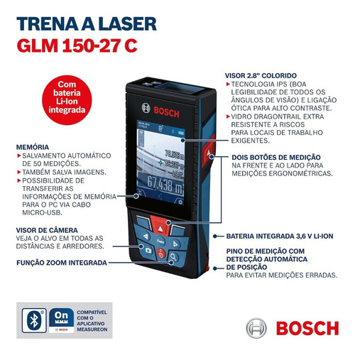 Cámara Bluetooth Trena Laser Bosch Glm 150 27 C Range 150 150 m