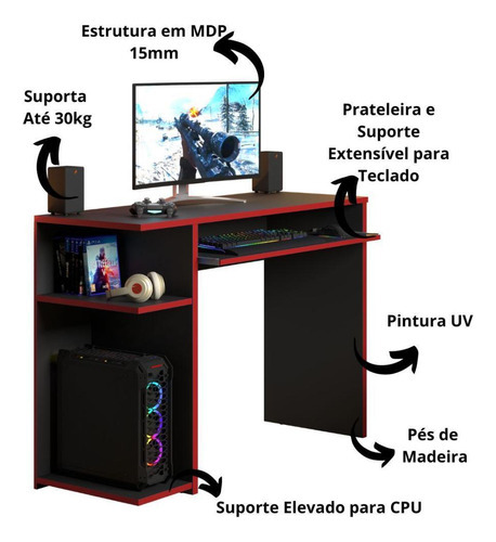 Mesa Para Computador E Gamer Jm Xp Preto/vermelho