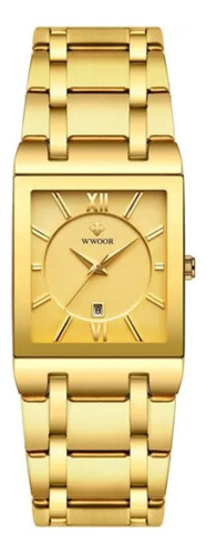 Reloj de pulsera Wwoor 8858 con cuerpo dorado, analógico, para hombre, fondo dorado, con correa de acero inoxidable dorado, agujas doradas, subesferas doradas, bisel dorado y plegable