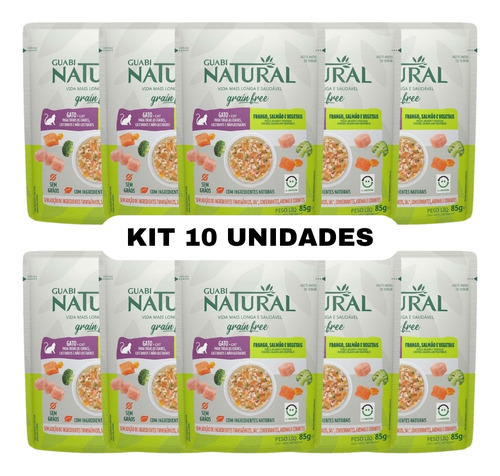 Kit 10 Sachê Guabi Natural Grain Free Gato Salmão Frango 85g