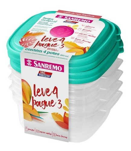 Set X4 Herméticos San Remo Cuadrado Pequeño 480ml