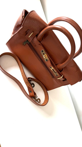 Bolso Satchel Cártera Doctor Bag Cuero Estilo Birkin Hermè Marrón Oscuro Lisa Oro Marrón (Usado)