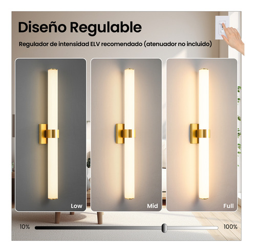 Lámpara Led De Pared Moderna Para Espejo De Baño Interiores Estructura Dorado