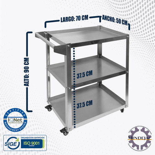 Carrito De Servicio Acero Inoxidable 3 Repisas Mindejal
