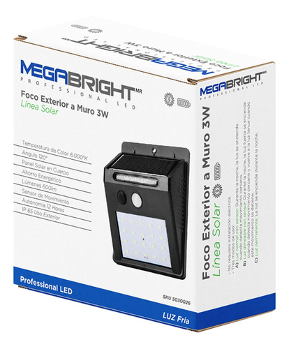 Farol Solar Exterior A Muro Megabright 3 Wts Con Sensor