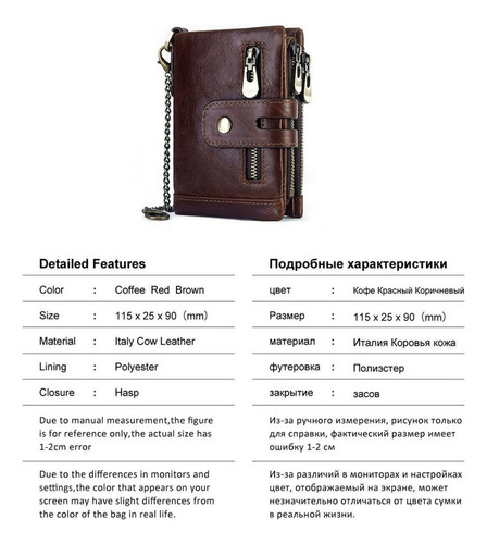 Cartera De Cuero Genuino Para Hombre Con Cadena Antirrobo
