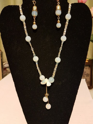 Conjunto Brincos E Colar Pedras Opalina E Cristais