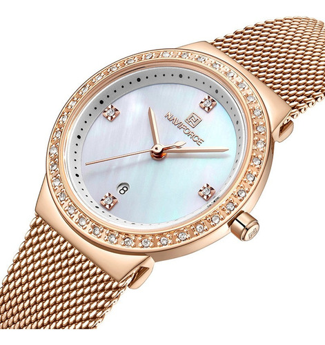 Reloj Dama Naviforce Moda Fecha Cristal Diamante Oro Rosa .