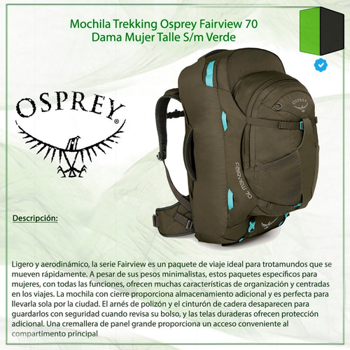 Mochila Trekking Osprey Fairview 70 Dama Mujer Talle Xs/s