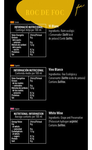 Vino Blanco Español Roc De Foc 750ml Clos Pons Pack X6