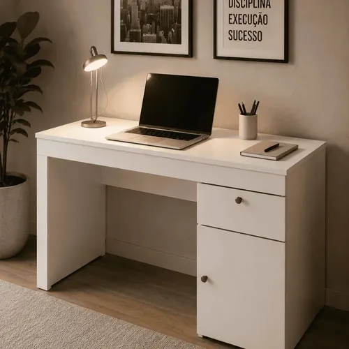 Escrivaninha Para Computador 108 Cm Com Porta E Gaveta Mesa Home Office Escritório Quarto Estudo Notebook Moderna Canela Off White