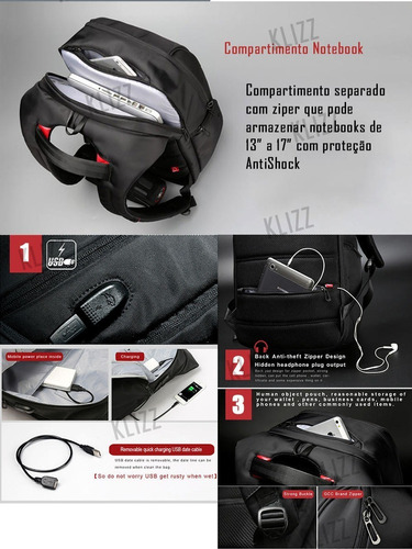 Mochila Anti Furto Usb Notebook Impermeável Kingsons Homem
