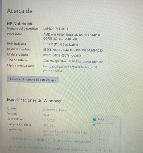 Laptop Hp 15-ba113la Ram 12gb 1 Tb Dd Amd A10-9600p Radeon (Usado)