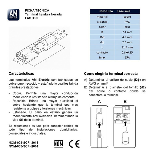 Terminal Hembra Forrada Faston 250 (16-14 Awg) Pvc Azul 100