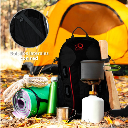Mochila Mochilero Discovery 40 Litros Mujer Hombre Trekking Color Negro Con Rojo 21615