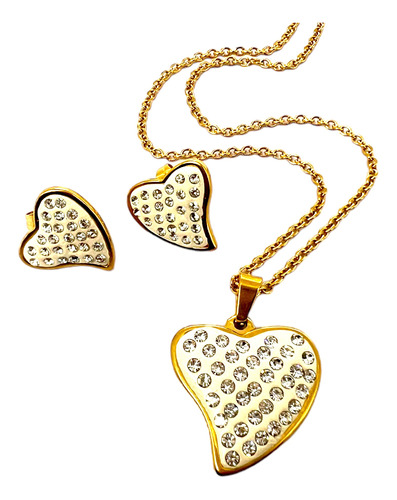 Collar Y Aretes Corazón De Acero Con Cristales Ca19126