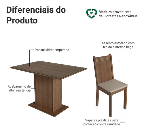 Sala De Jantar Mesa Tampo De Vidro 4 Cadeiras Camélia Madesa Cor Rustic/Sintético Bege
