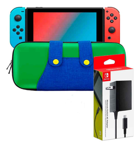 Pack Estuche Switch Y Oled Luigi Verdeazu+ Cargador Original