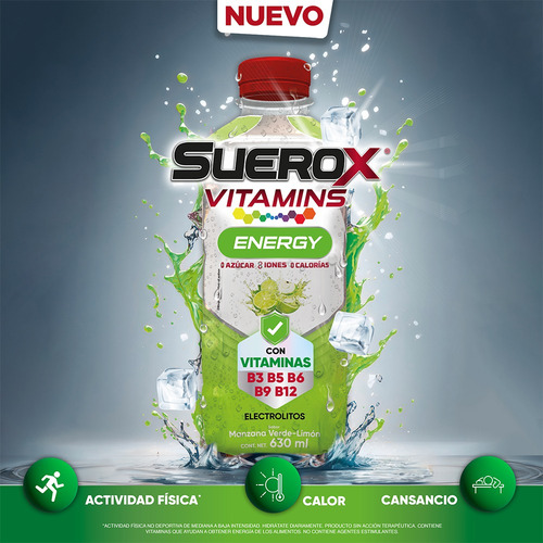 SUEROX Vitamins Energy Sabor Manzana Verde y Limón 630ml 12 pack