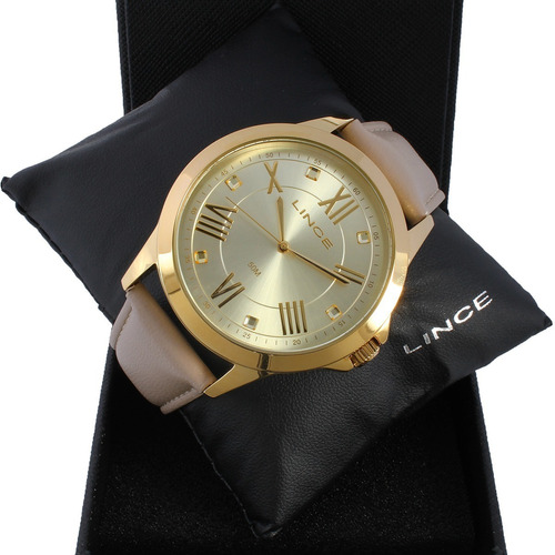 Relógio Lince Feminino Lrcj046l C3tx Dourado Couro Analogico Cor da correia Bege