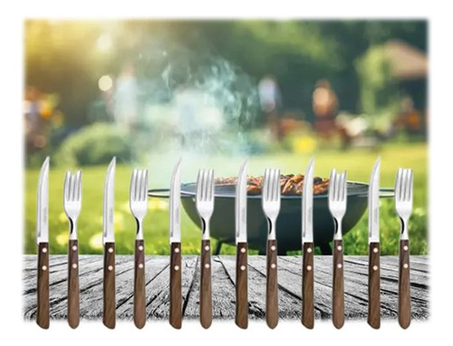 Set 6 Tenedores Y 6 Cuchillos Sierra Asado Madera Parrilla