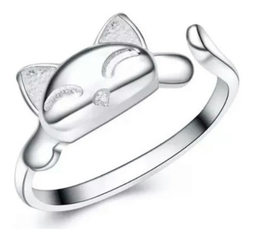 Anillo Gato Plata S925  Ajustable + Caja Terciopelo Gatito.