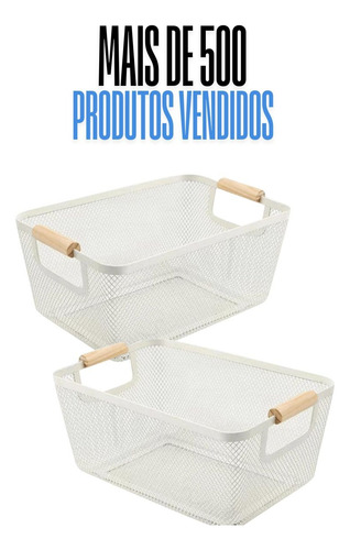 Kit 2 Cestos Organizadores Brancos Com Alça De Madeira