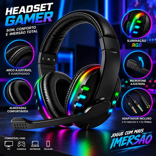 Headset Gamer RGB Led Com Microfone P2 P/ PC PS4 PS5 Xbox Celular Notebook Surround 5.1 Com Adaptador Landara