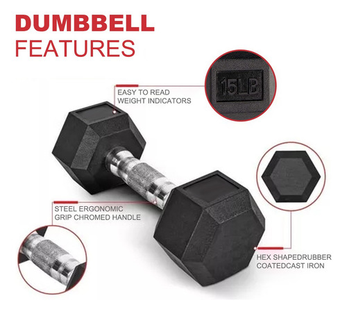 Mancuernas Pesas Hexagonales 15lb Caucho Negro Hogar Gym