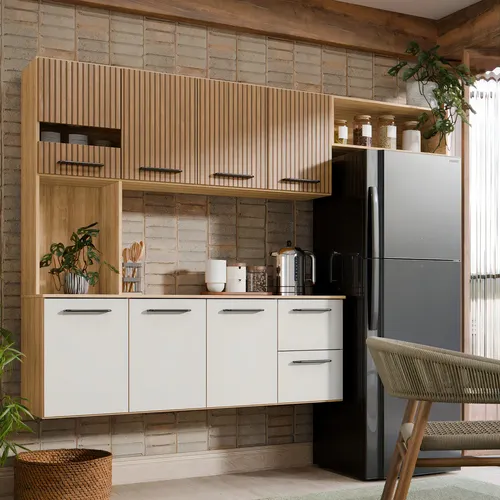 Armário De Cozinha Completa ​Aéreo 7 Portas E 2 Gavetas Planejada Suspenso Branco Off White Ripado Carvalho Nature Amadeirado Juliana Off Ripado