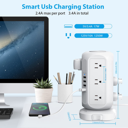 Regleta De Alimentacion De Torre Con 12 Tomacorrientes 4 Usb