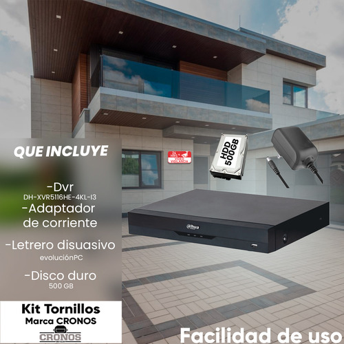 Kit Cronos Dvr Dahua Xvr5116he-4kl-p500 16 Canales 4k Con Ia Wizsense +hdd 500gb H.265+ 16 Canales Hdcvi+ip 32 Ch Máx Reconocimiento Facial Smd Plus Xvr5116he Protección Perimetral