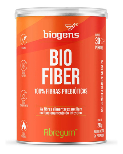 Bio Fiber, 100% Fibra Solúvel Prebiótica, Fibregum, Goma Acácia, 210g, Biogens