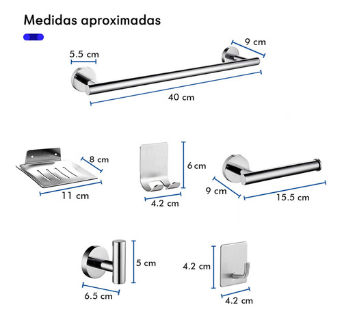 Set Accesorios De Baño Toallero Acero Inoxidable 9 Piezas Color Plateado Kitul Home