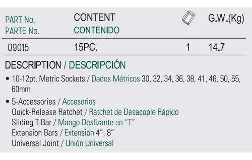 Juego Copas 3/4 12 Puntas 15 Piezas-mm Ref.09015sj