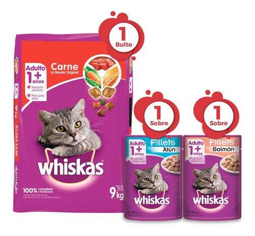 Comida Para Gato Whiskas Bulto Carne 9kg + Comida Húmeda