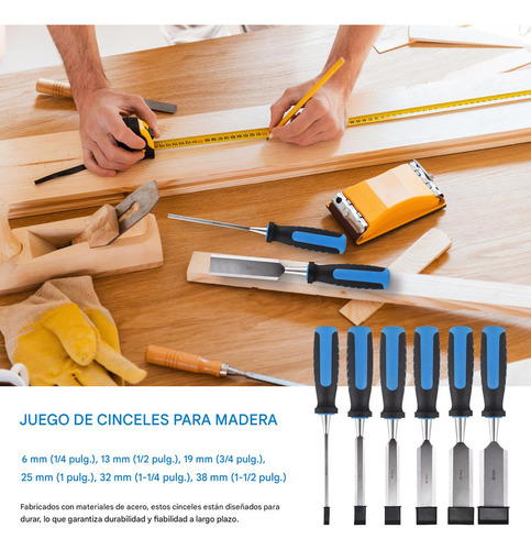 Cincel Formon Juego Madera Gubia Carpintero Tallado 6pzs Con Afilador Cuchilla, 6mm, 13mm, 19mm, 25mm, 32mm, 38mm