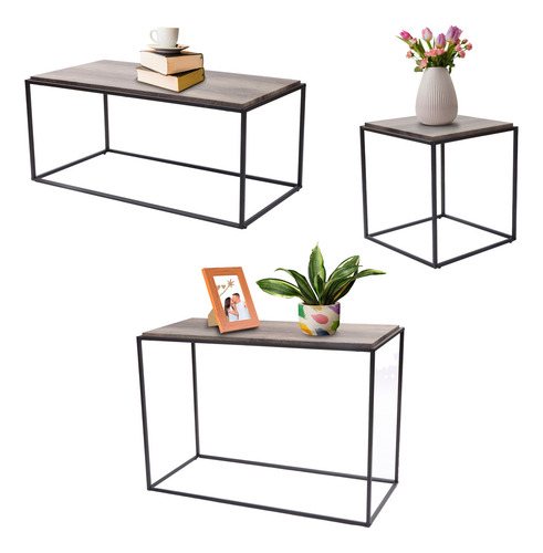 Set 3 Mesas Centro Auxiliar Consola Sala Marrón Minimalista Color Marrón Oscuro