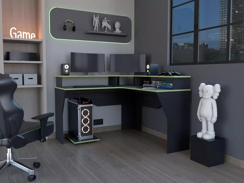 Escritorio Gamer , Wengue Y Verde Virtual Muebles Negro En L