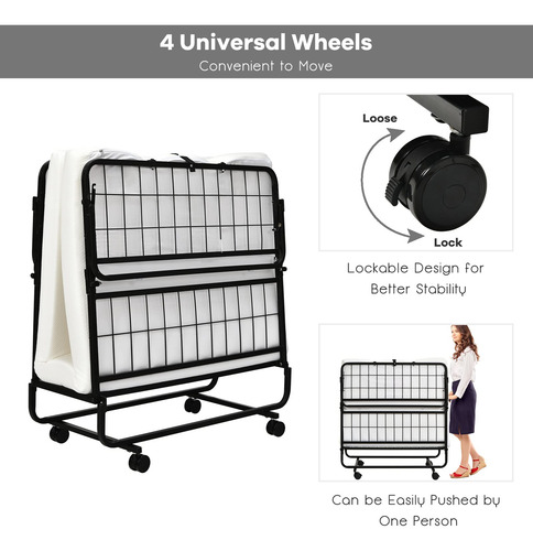 Cama Plegable Con Colchón Individual Portátil Y Ruedas