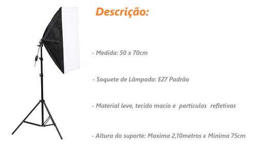 Kit Softbox 50x70 Luz Contínua E27 C/ Tripé 2m Estúdio Foto