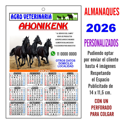Almanaques 2026 Personalizados +1 Perforado Colgar 200 Udad Almanaques Personalizados Impresos Full Color