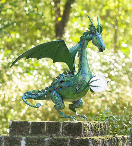 Estatua Jardin Dragon Metal Verde Perla Solar Que Cambia X