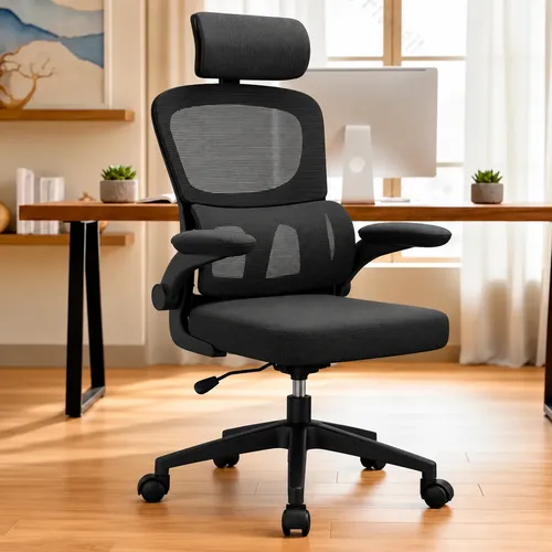 Cadeira Escritório Ergonômica Suporte Lombar E Apoio De Cabe Preto Malha