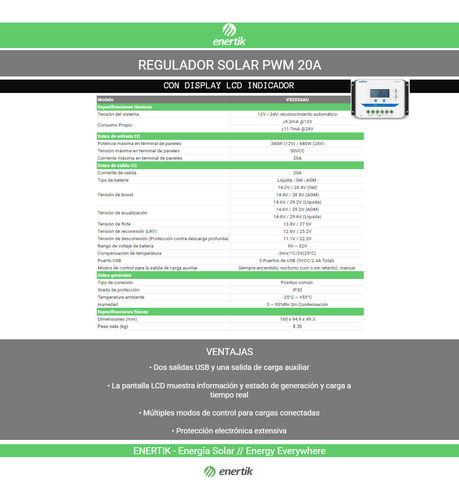 Regulador De Carga Para Panel Solar 20a Con Usb Epever