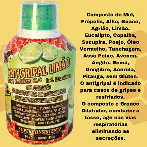 Mel C/ Limão Antigripal Para Gripe Resfriado Garganta Xarope