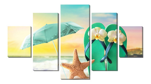 Kit Quadro Decorativo 5 Partes Estrela Do Mar E Sandalia