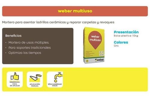 Weber Multiuso Mortero Revoque Asiento Carpeta 10 Kg Premium