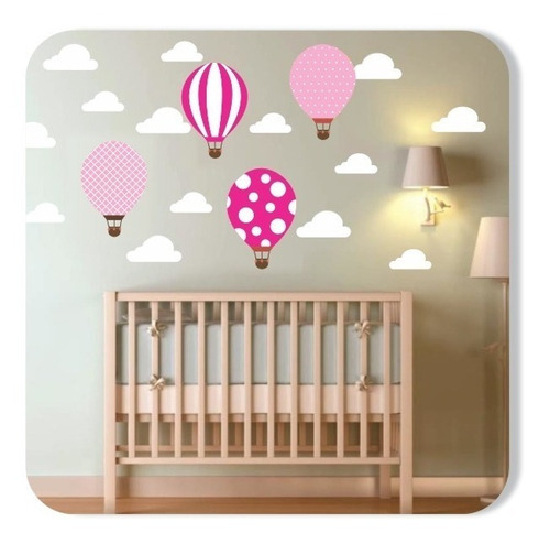 Adesivo Parede Infantil Balão + Nuvens Rosa Magento