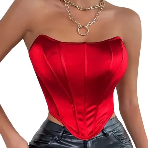 Cropped Top Tubo Corset Blusa Curta Lycra Bico V Vermelho